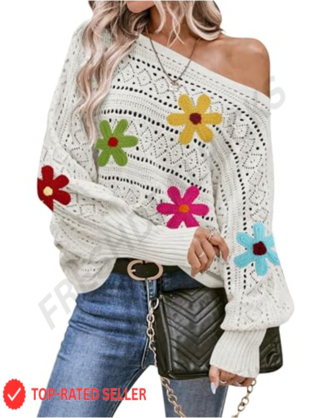 Off Shoulder Floral Crochet Oversized Pullover Sweater